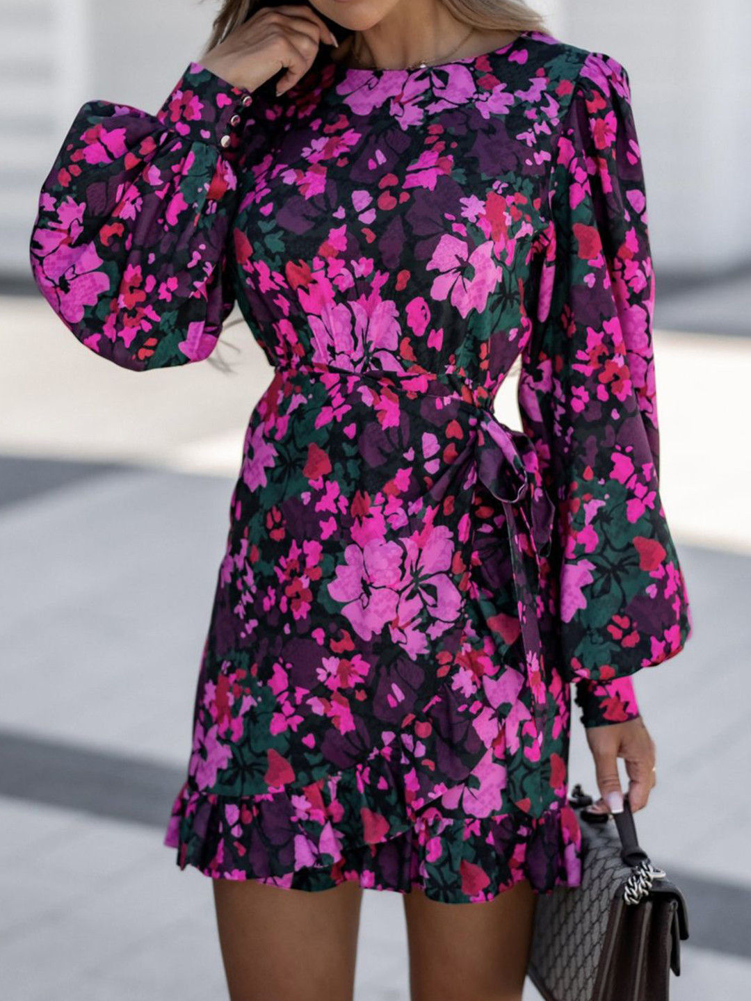 Purple Floral Print Mini Dress with Long Sleeves