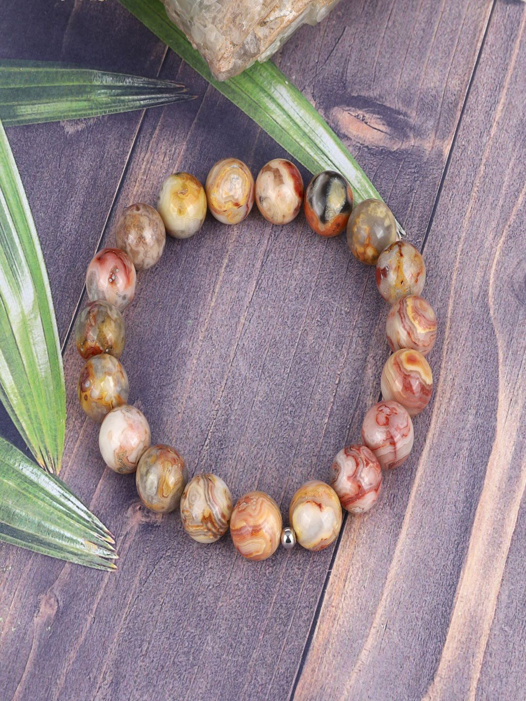 Nirvana Unisex Sterling Silver Rhodium-Plated Lace Agate Beaded Bracelet