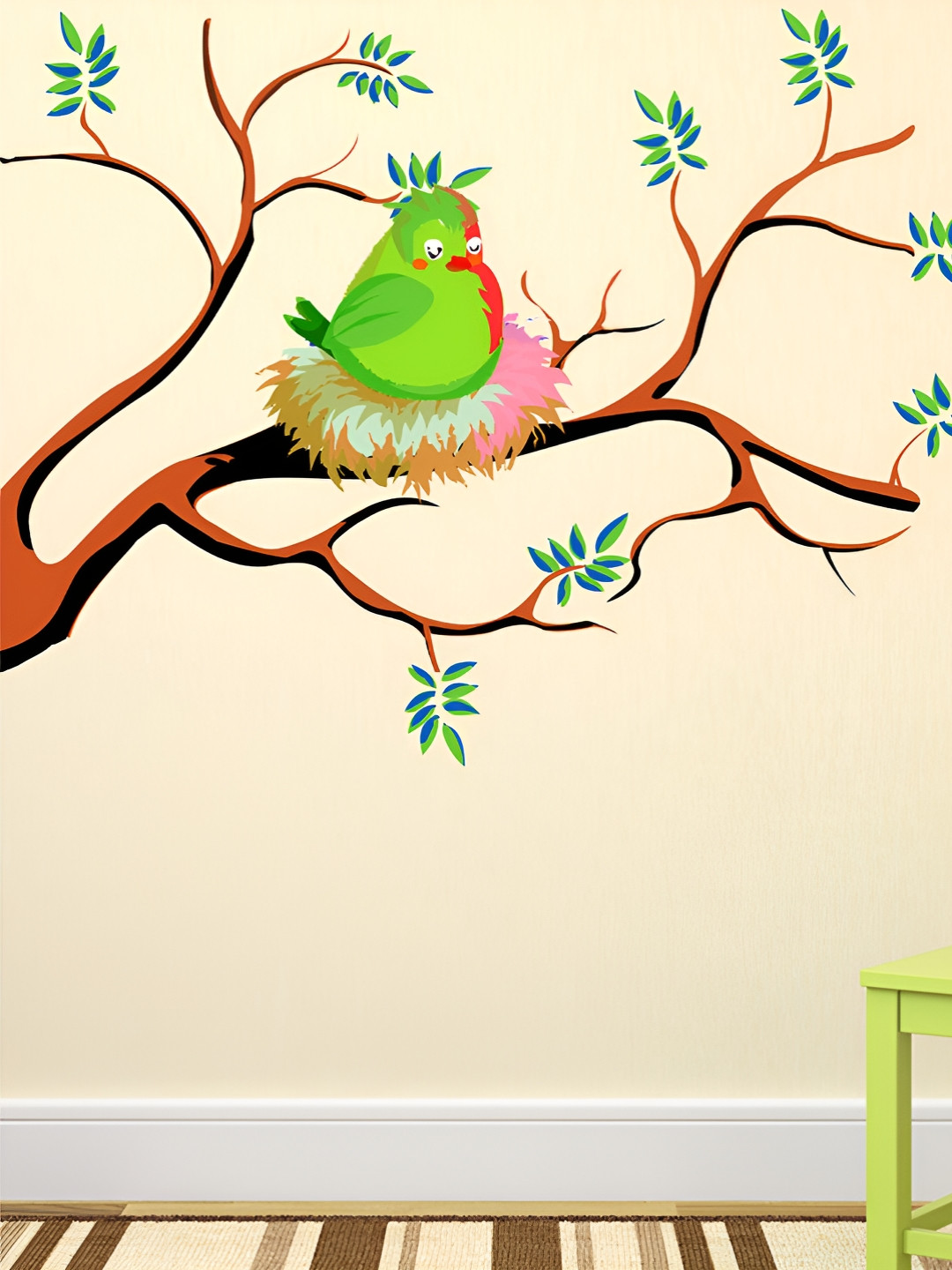LANSTICK Green & Brown Tree With Bird Printed Self-Adhesive WallStickers
