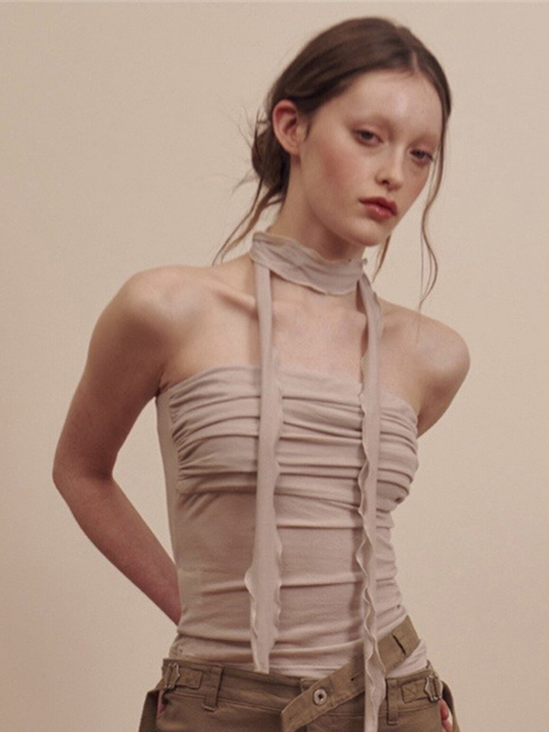 LULU & SKY Khaki Strapless Tube Top with Scarf Neck