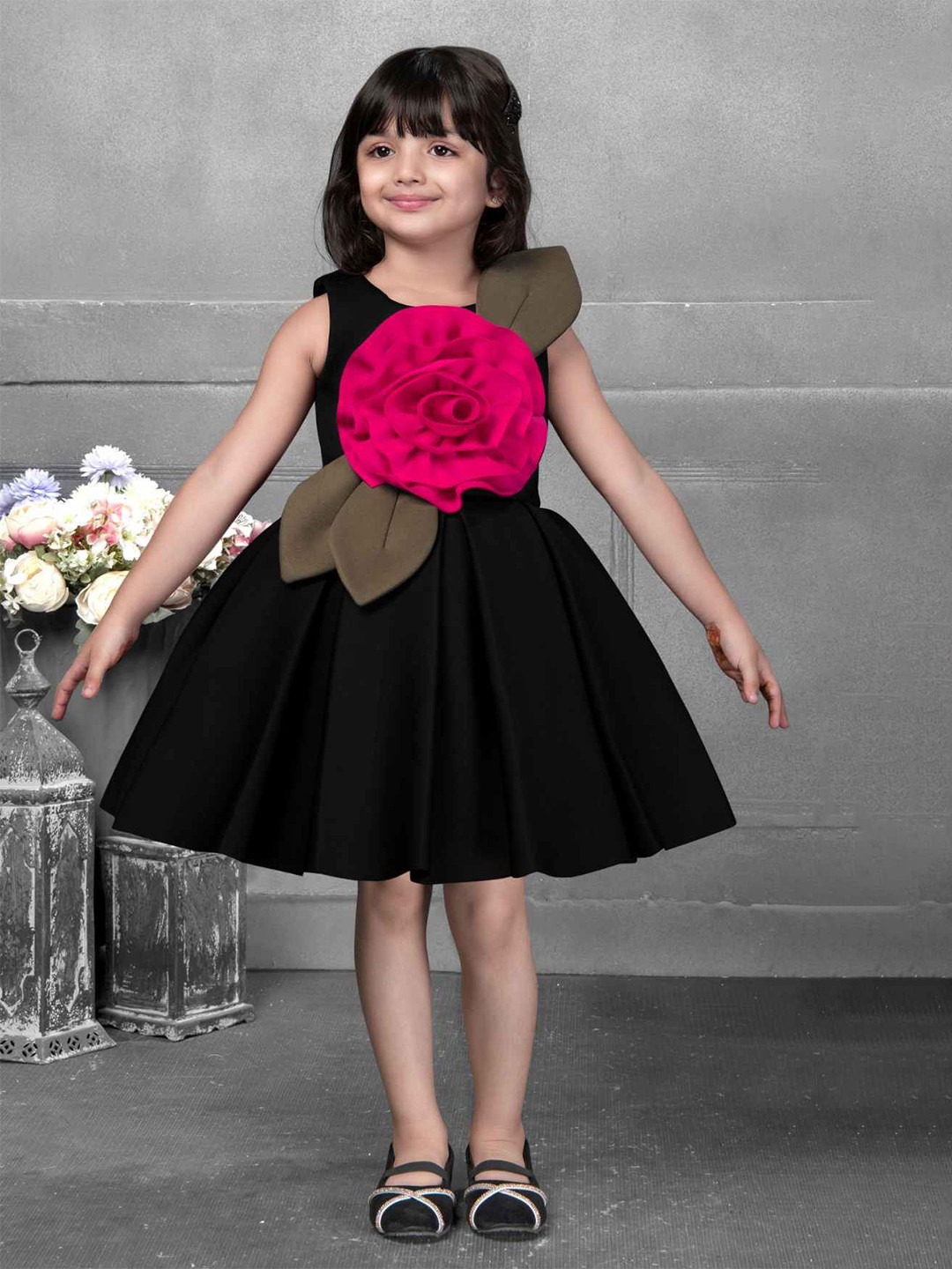 Lagorii Girls Black Elegant Frock With Floral Applique