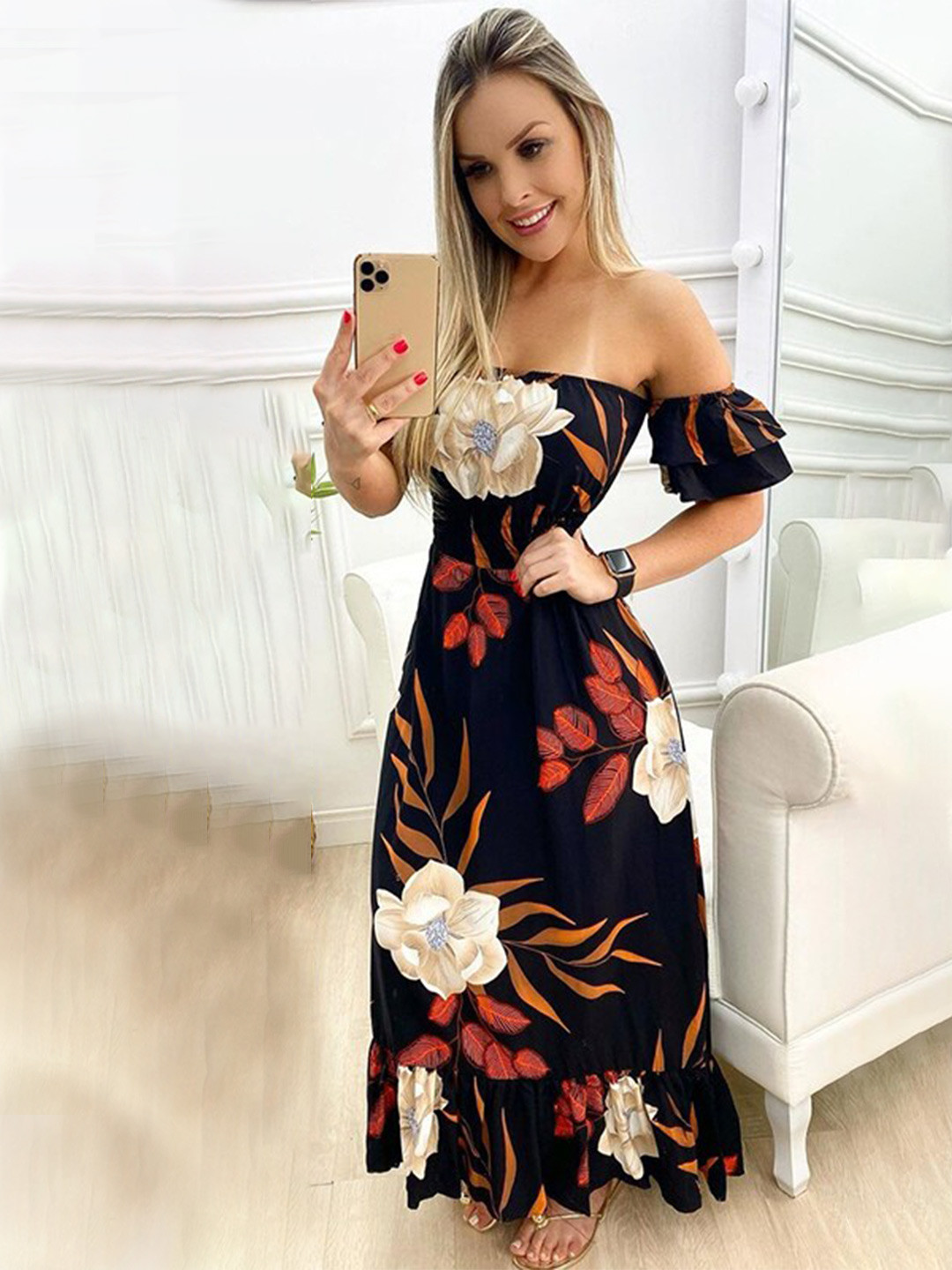 StyleCast Black Floral Printed Off-Shoulder Flutter Sleeves Maxi Dress