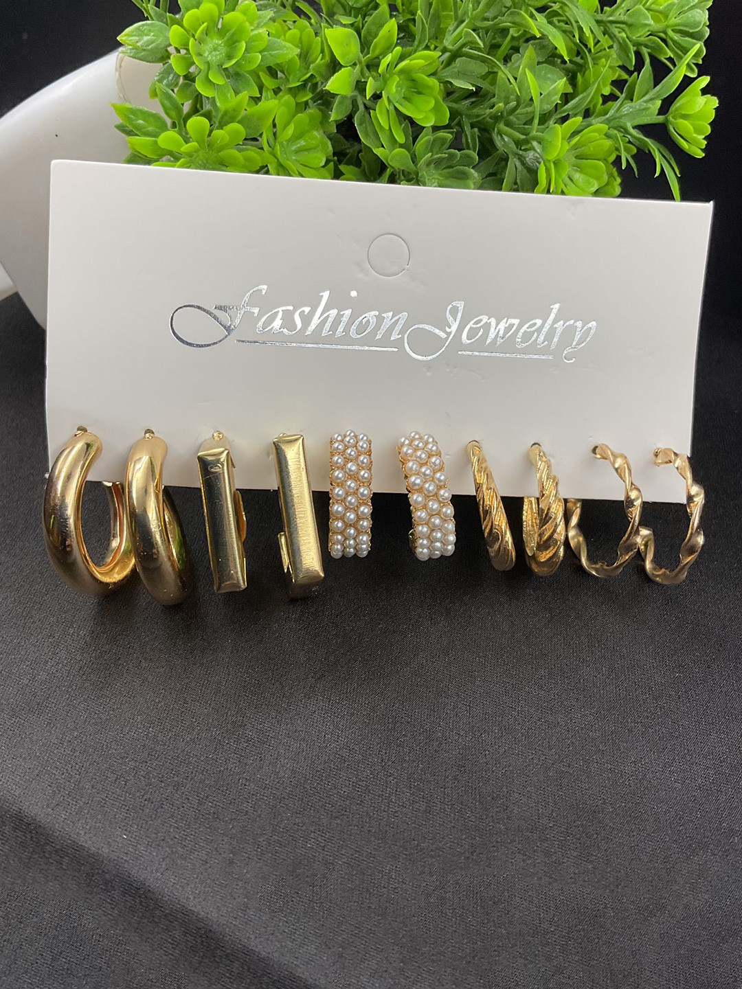 PolluxCraft Set Of 5 Gold Plated Pearls Beaded Contemporart Half hoop Earrings