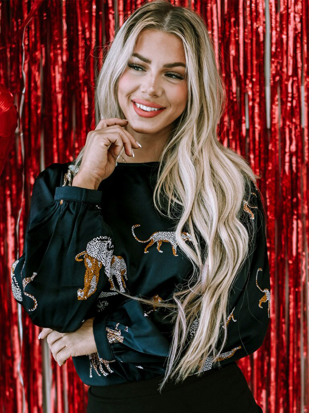 StyleCast Black Animal Printed Round Neck Party Top