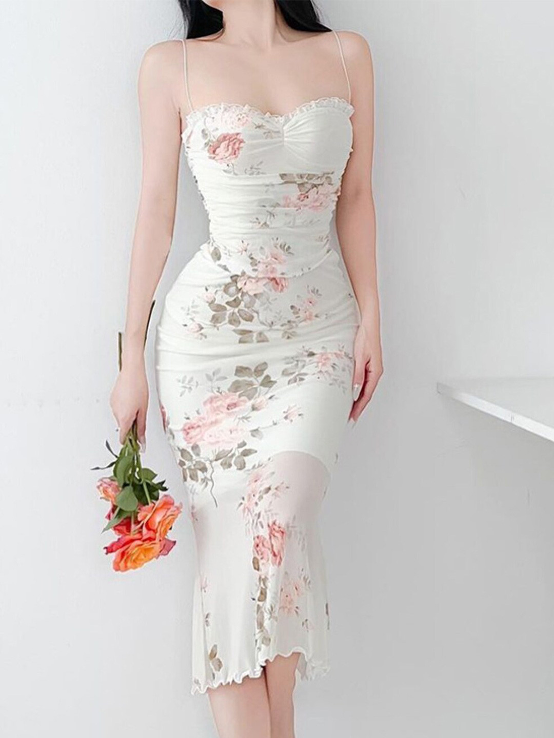 StyleCast White Floral Printed Shoulder Strapped Ruched Sheath Midi Dress
