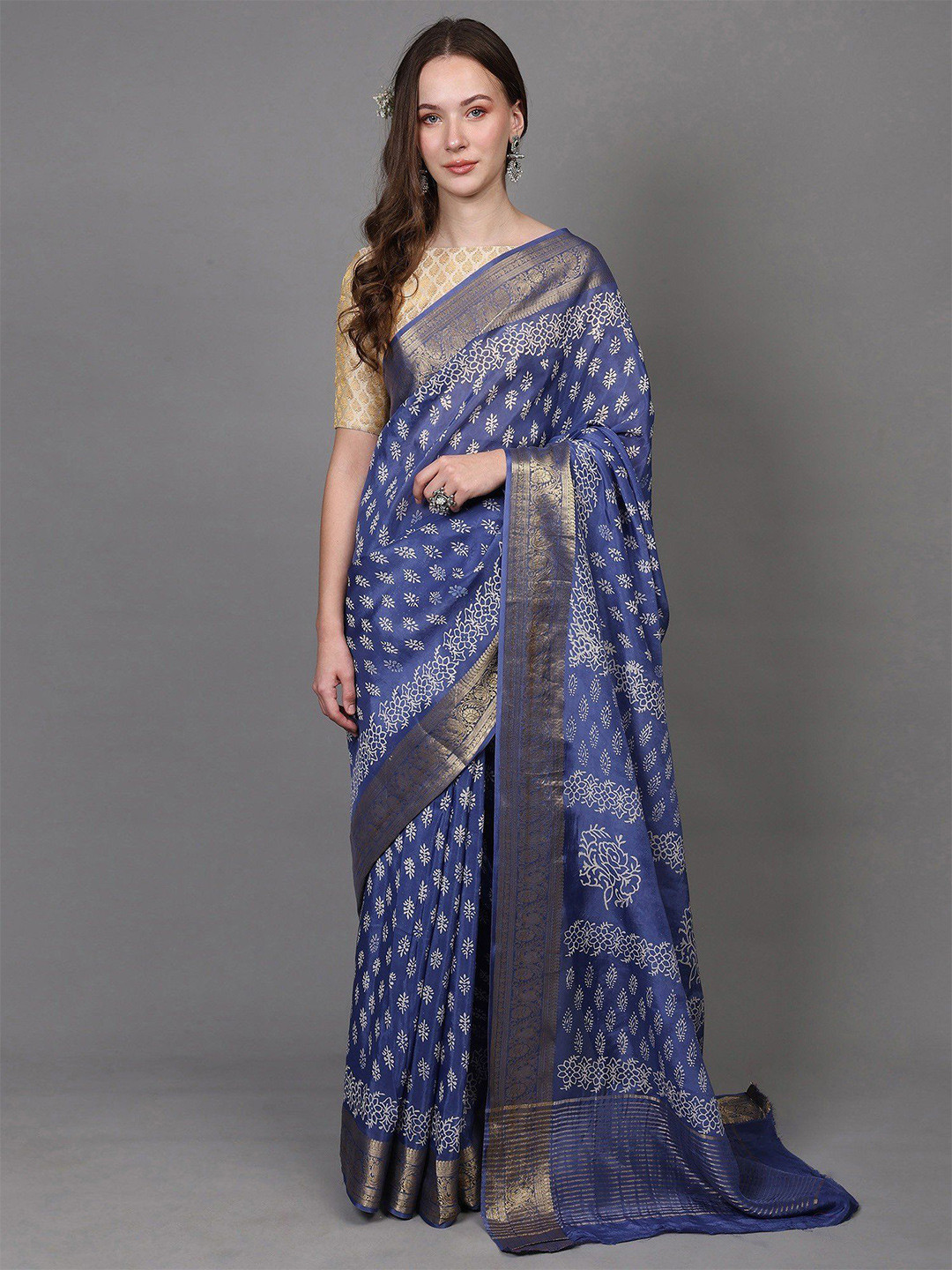 Exotic India Blue Dola Silk Saree with Dabu Block Print and Zari Woven Floral Vine Border
