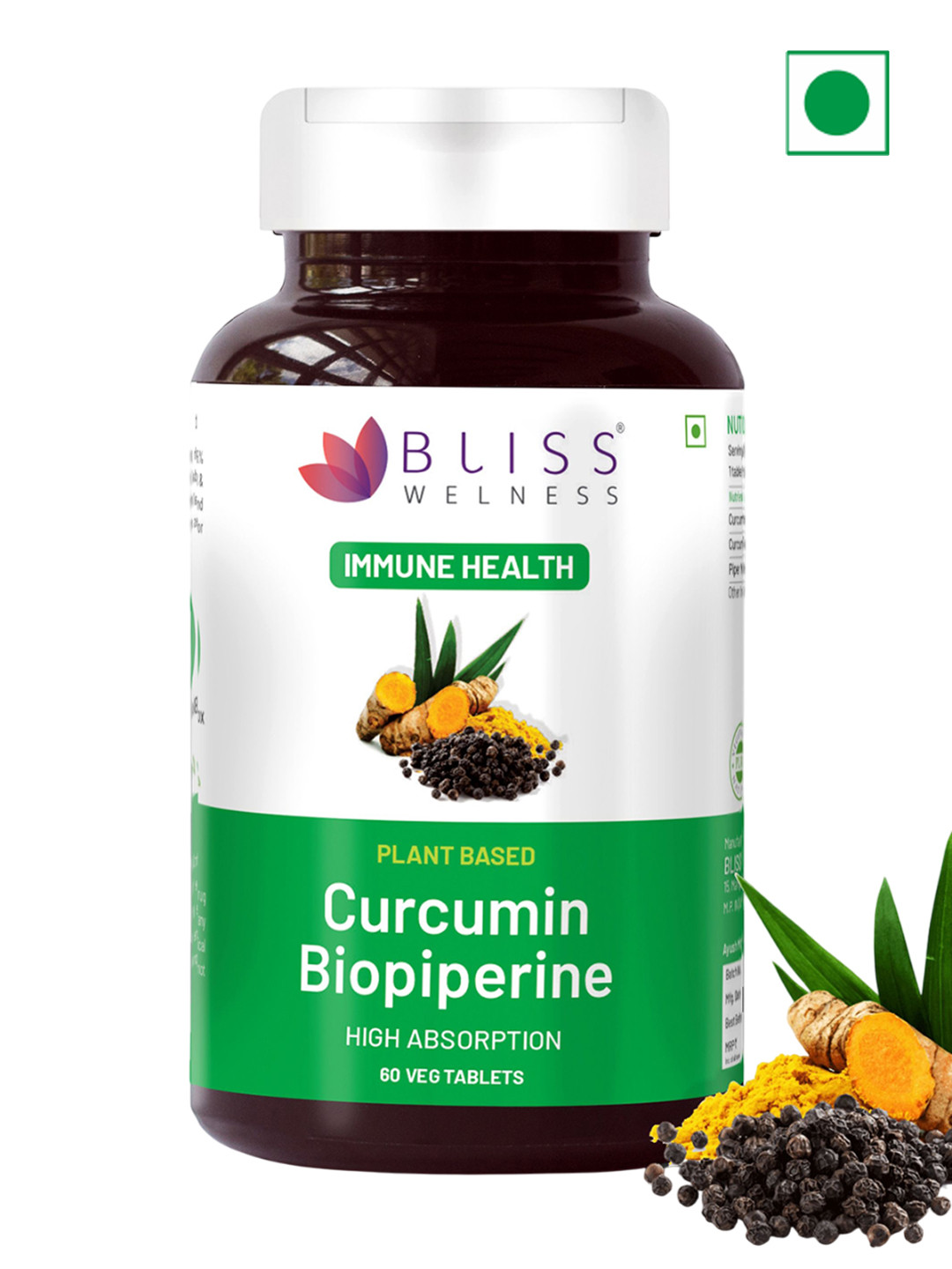 Bliss Welness Plant-Based Curcumin With BioPiperine Immunity & Skin Support - 60 Tablets