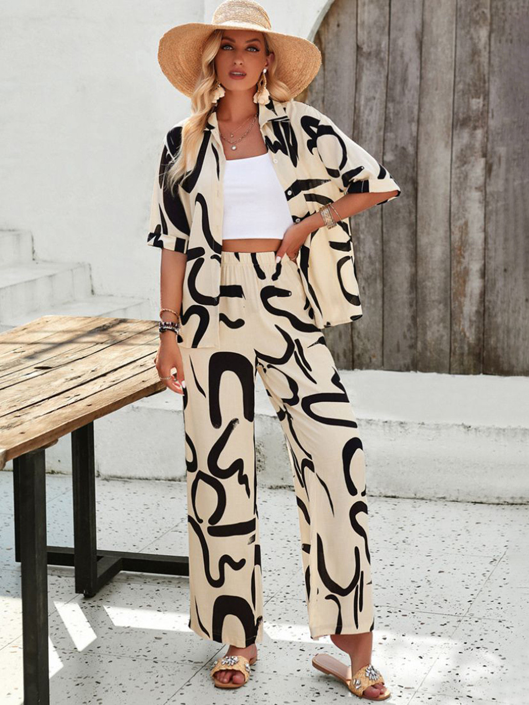 StyleCast Printed Short Sleeves Shirt With Palazzo