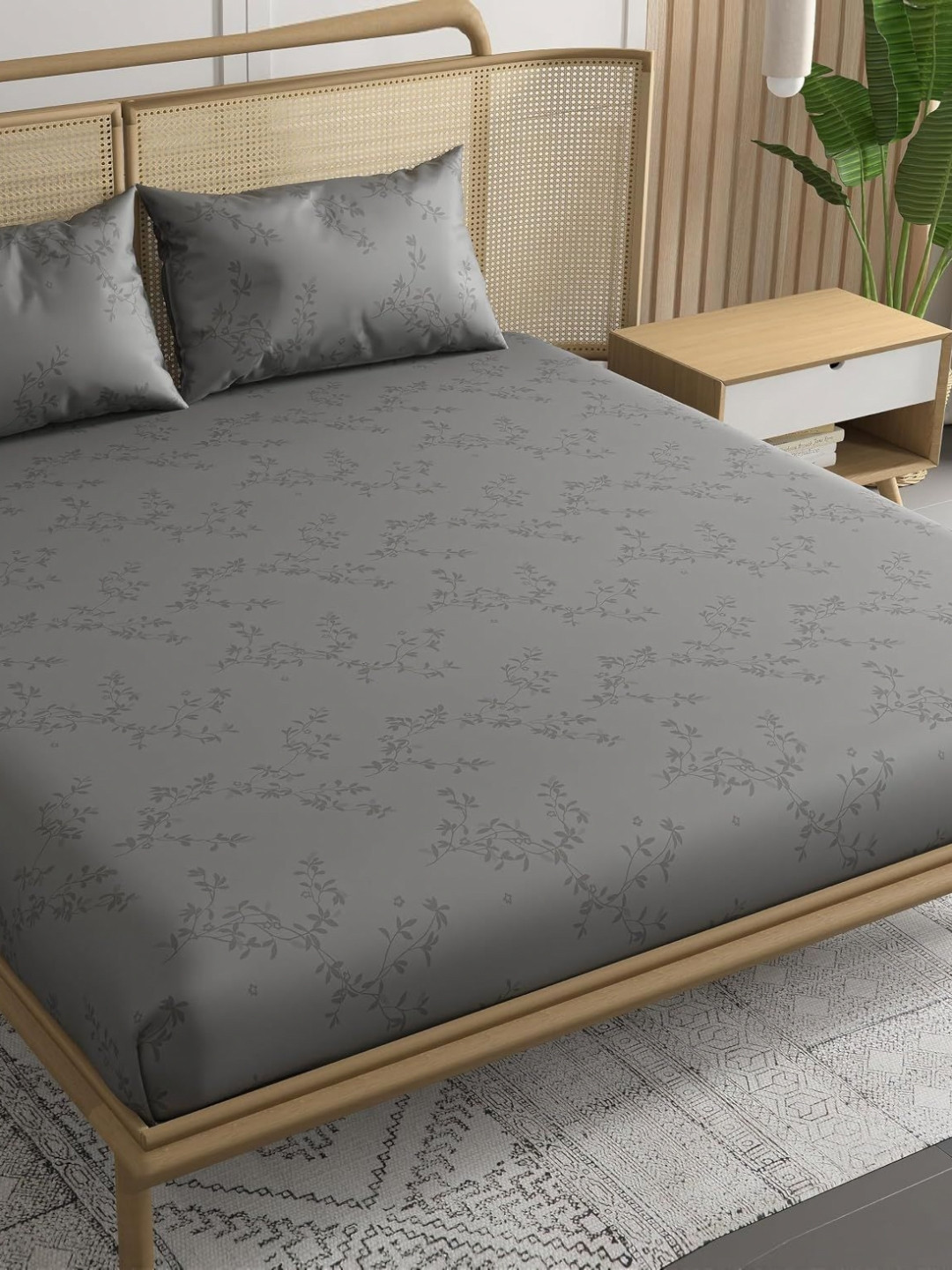 Trance Home Linen Grey Floral Egyptian Cotton 300 TC Fitted Double Fine Bedsheet with 2 Pillow Covers-78 x 42 inches