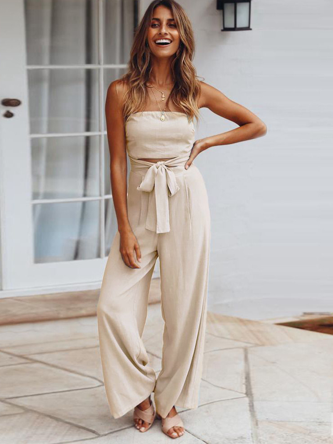 bebe Beige Strapless Bandeau Cut-Out Tie-Waist Wide Leg Jumpsuit