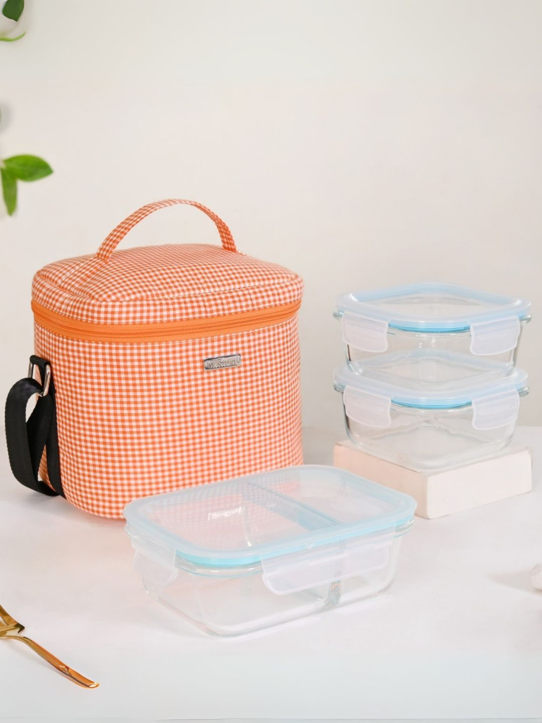 Nestasia Transparent & Orange Colored 4 Pieces Checked Glass Lunch Box With Lunch Bag