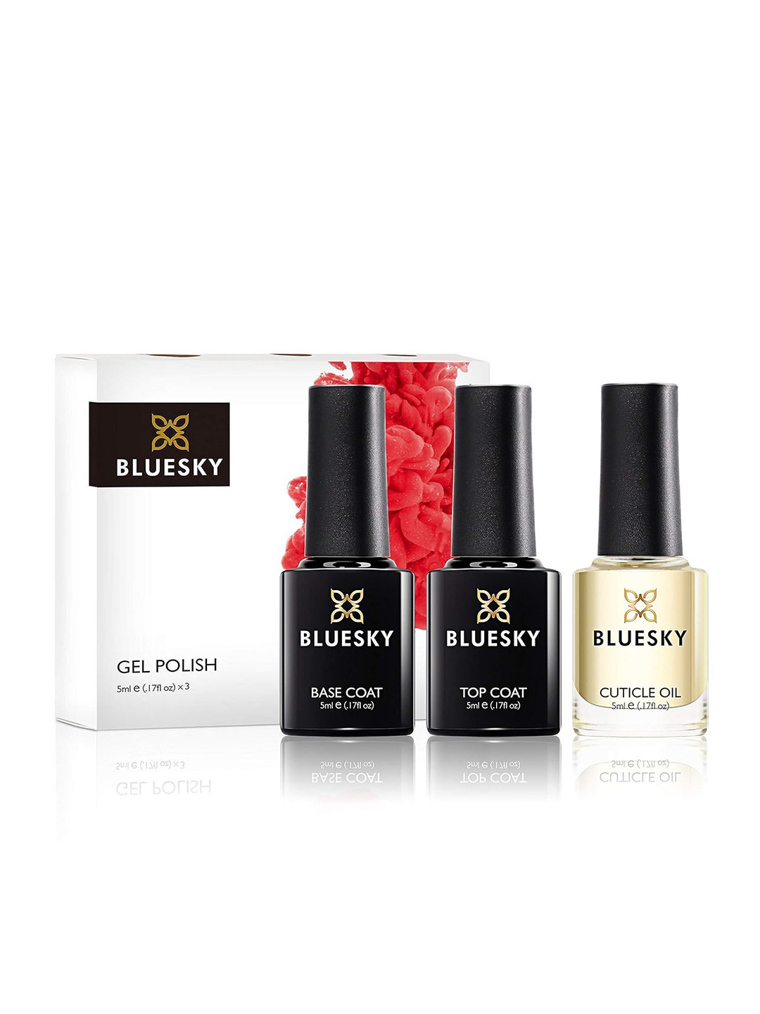 BLUESKY Set Of 3 Gel Shiny Nail Polish - 5 ml Each - Base & Top & Cuticle Oil