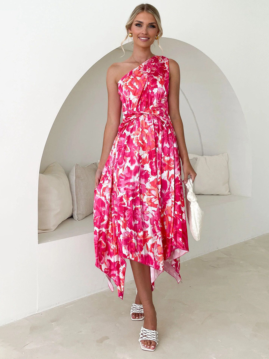 bebe Pink Floral Print One-Shoulder Asymmetrical Hem Midi Dress