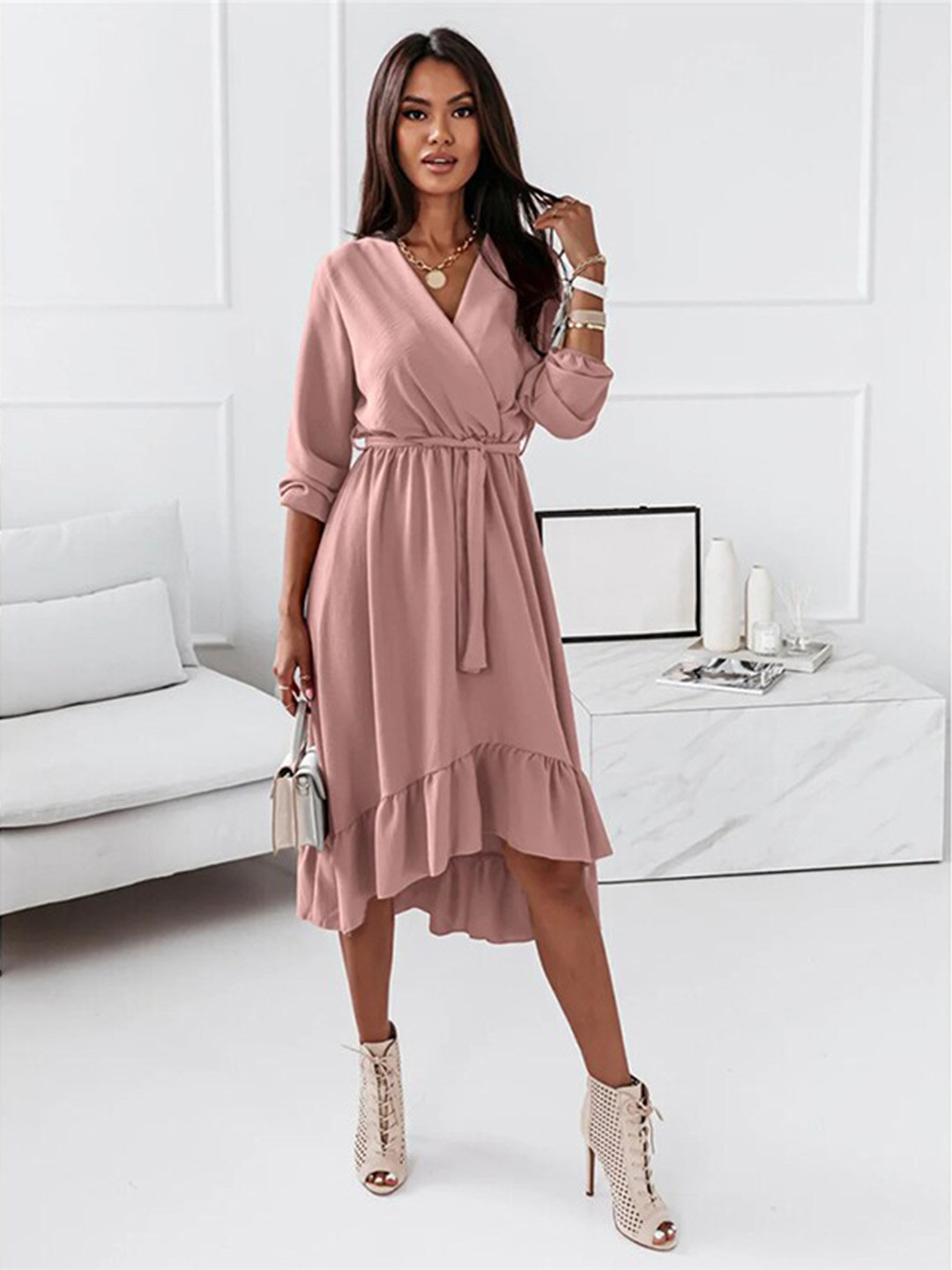 StyleCast Pink Layered Flounce Wrap Dress