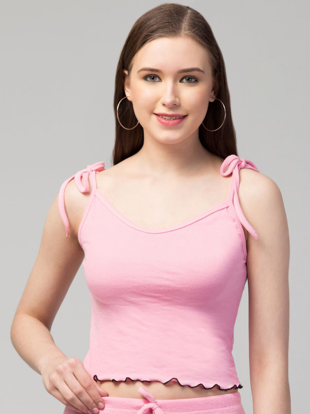 TRENDY ERA Women Solid Tie-Ups Fitted Crop Top And Bottom Set