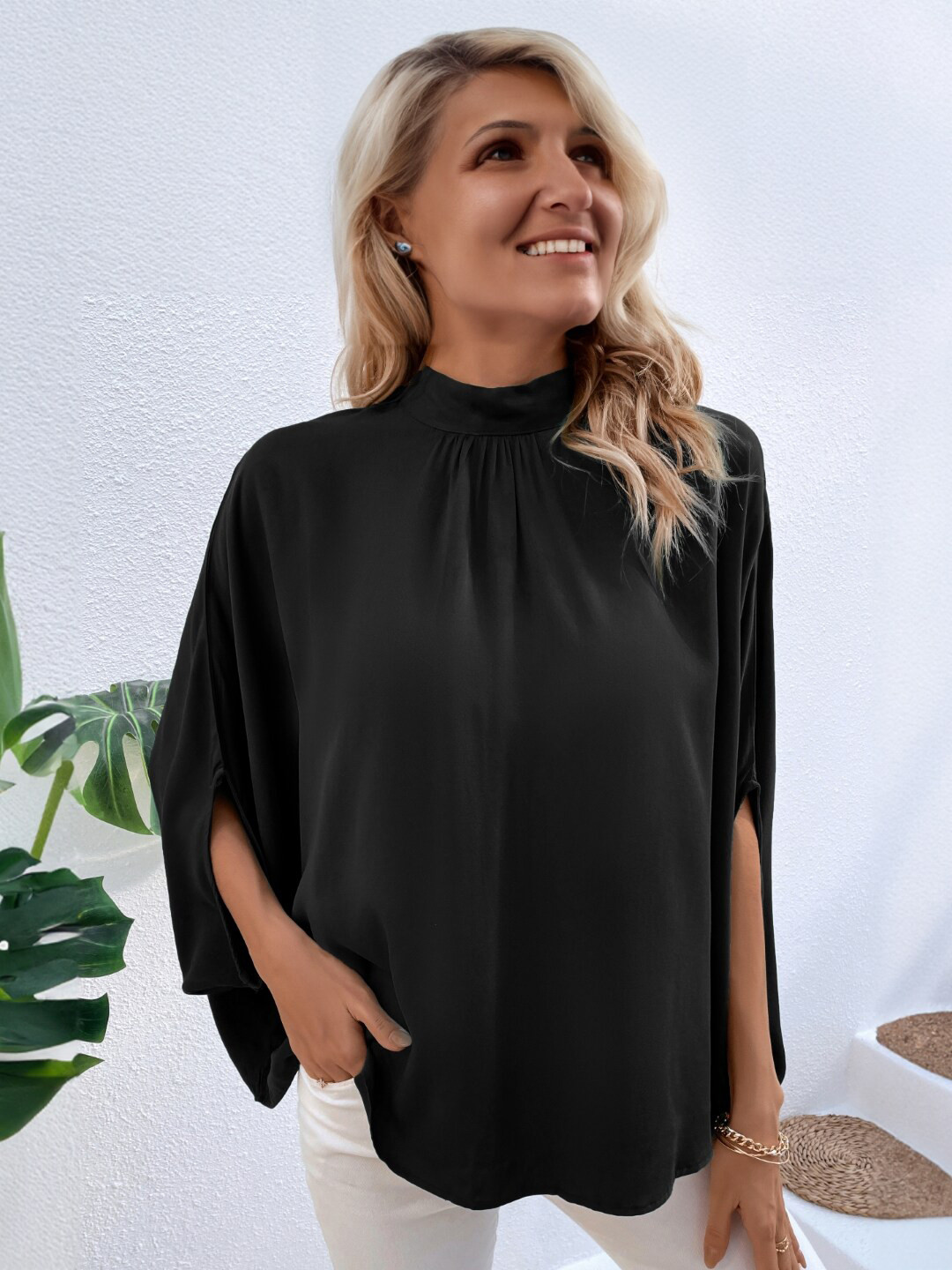 StyleCast Black High Neck Dolman Sleeves Regular Top