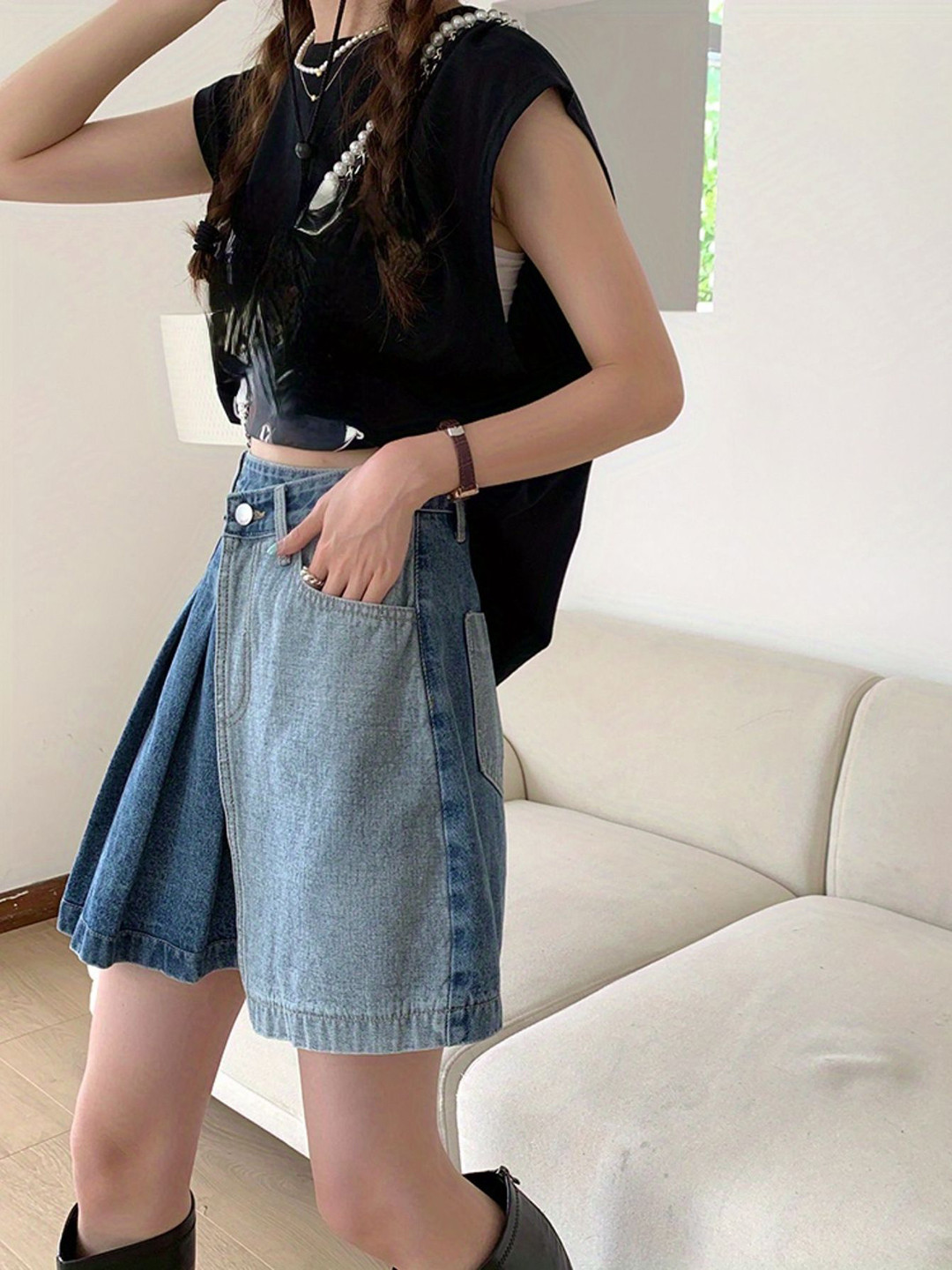 StyleCast Women Denim Pleated Mini Skirt