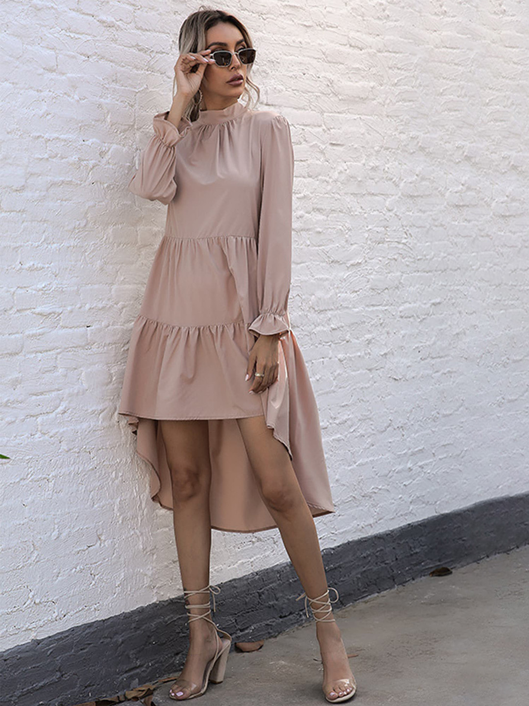 LULU & SKY High Neck Bell Sleeve High Low Tiered A-Line Dress