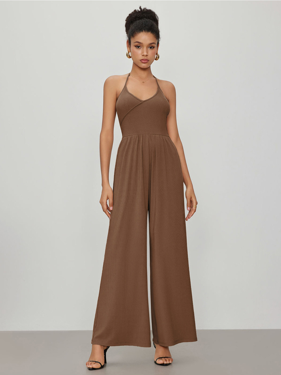 StyleCast Brown Solid Halter Neck Basic Jumpsuit