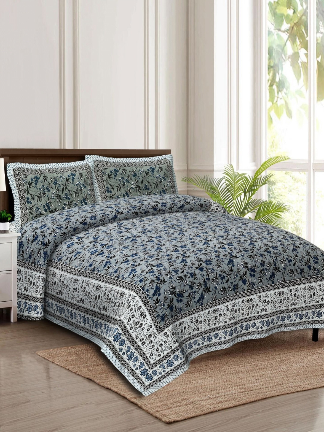 Rudra Bazaar White Floral Cotton 210 TC King Fine Bedsheet with 2 Pillow Covers-108 x 91 inches