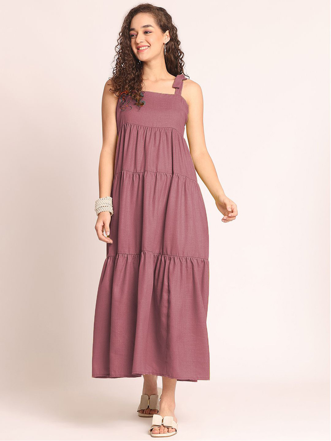 Aoba Women Mauve Solid Tiered Maxi Dress