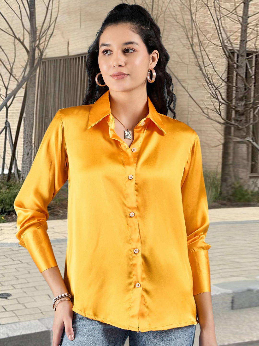 DressBerry Women Smart Fit Solid Spread Collar Satin Casual Shirt