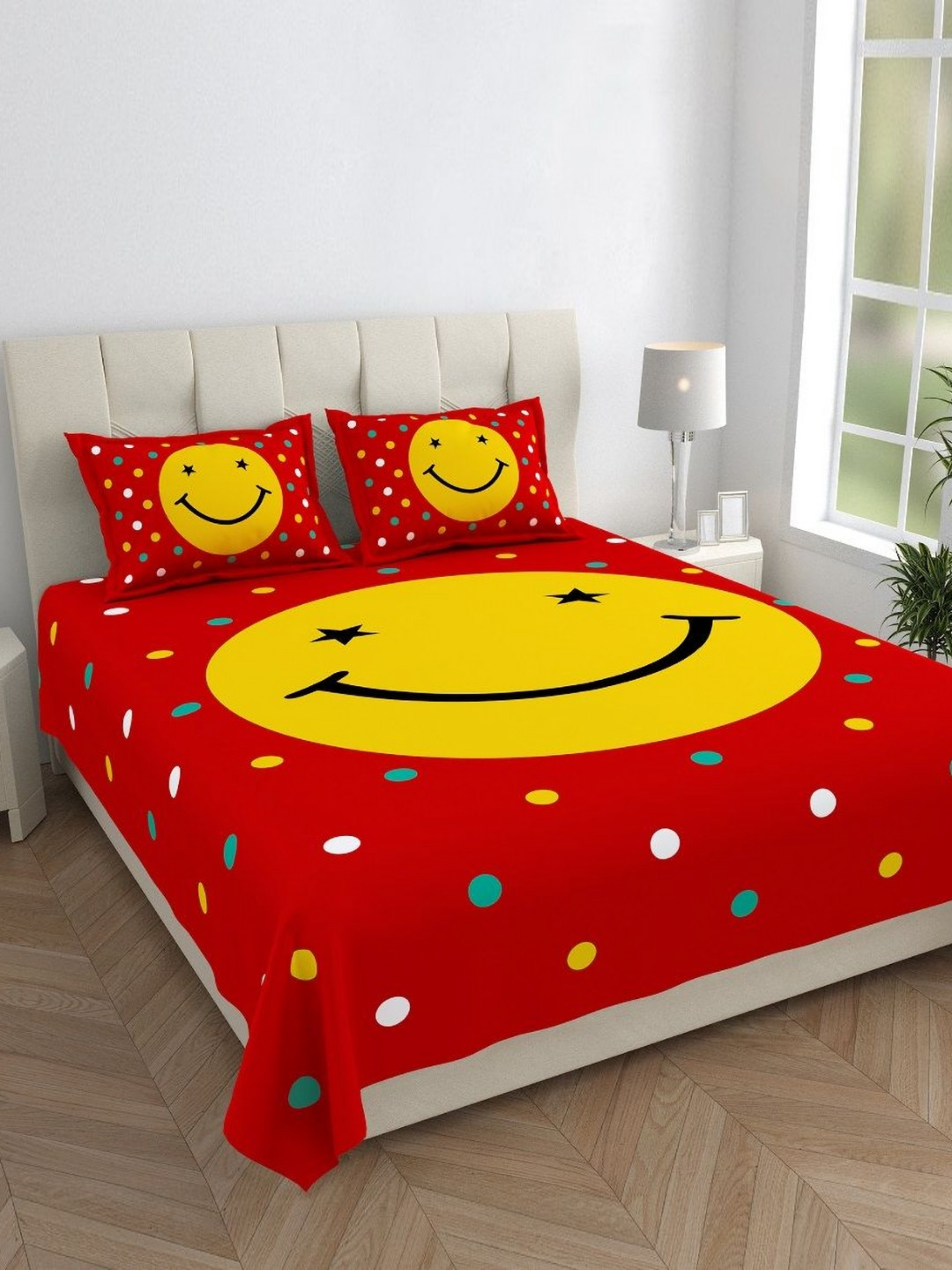 Monik Handicrafts Red Conversational Cotton Dotted 144 TC King Bedsheet with 2 Pillow Covers-90 x 143 inches