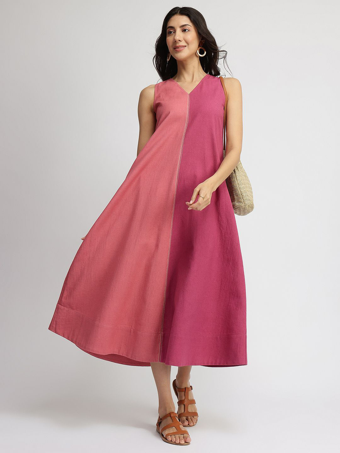 Pink Fort Women Linen Blend Colourblock A-Line Dress Pink