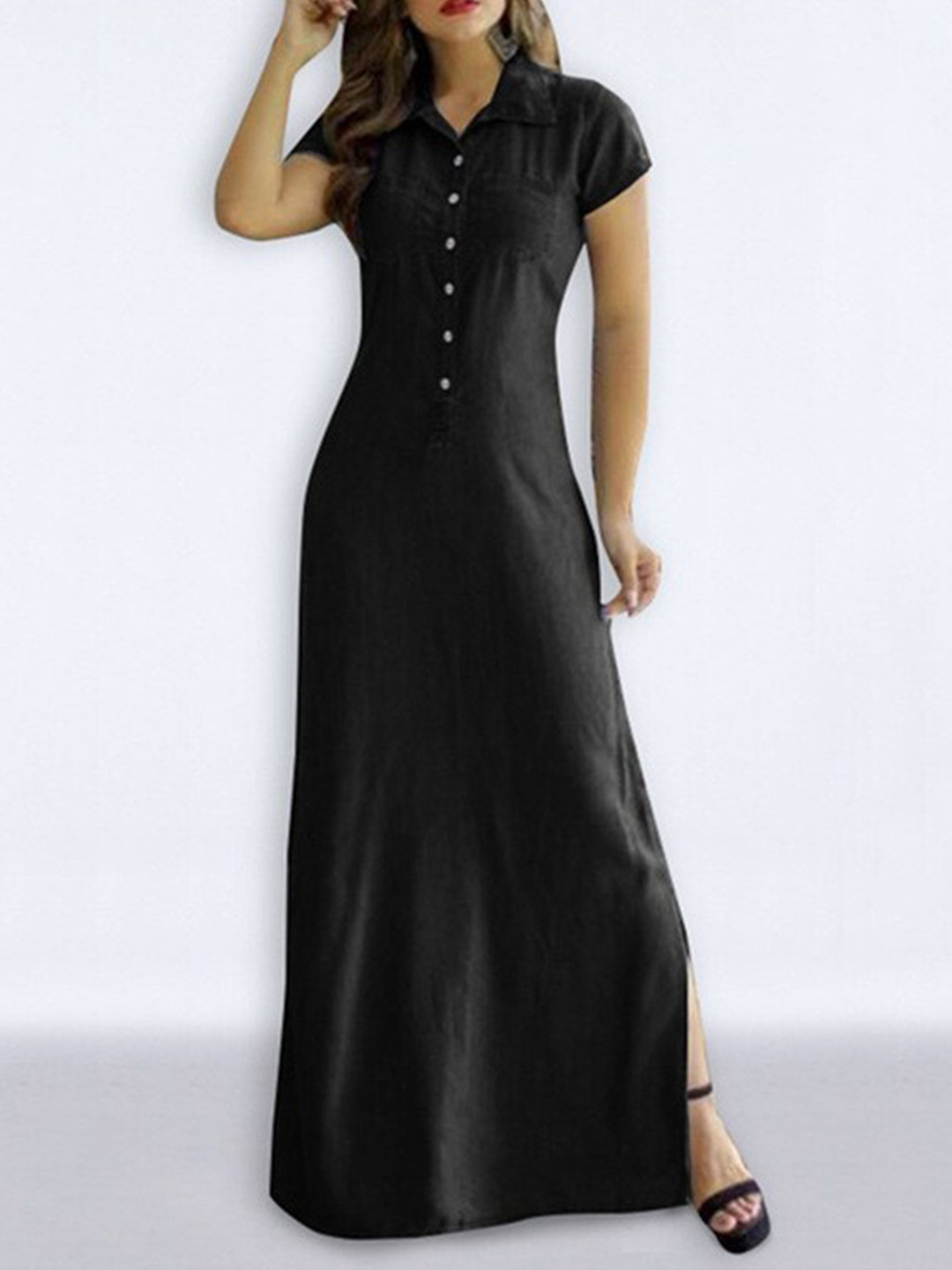 StyleCast Black Shirt Collar Short Sleeves Casual A-Line Maxi Dress