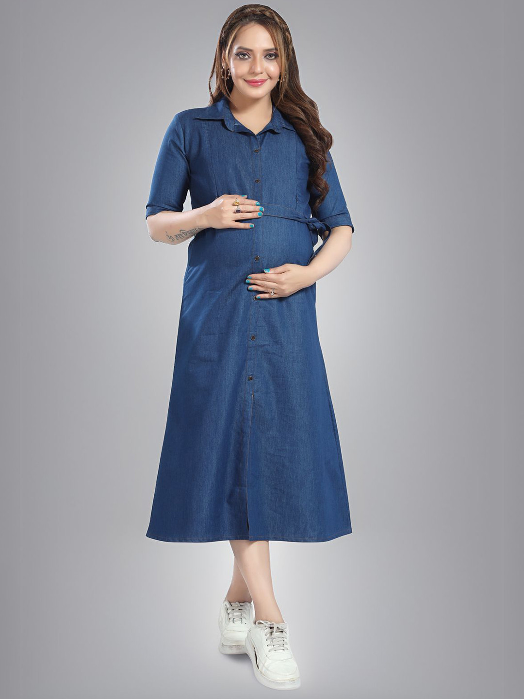 MomsBae Maternity Denim Shirt Midi Dress