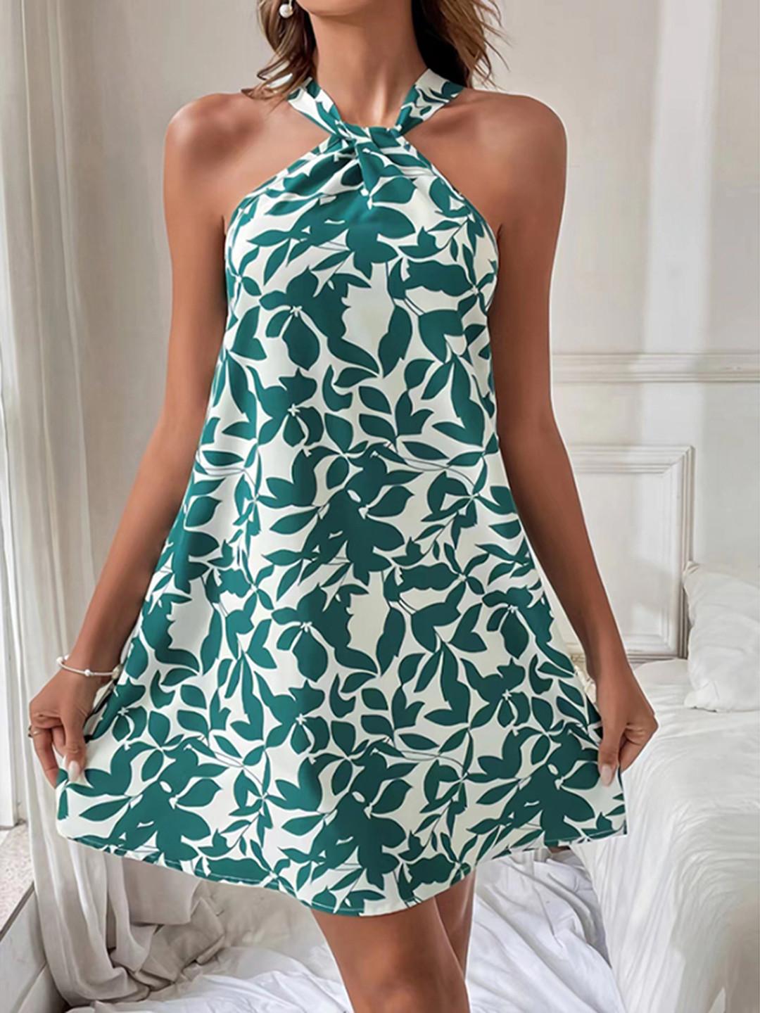 Green Floral Halter Neck A-Line Mini Dress