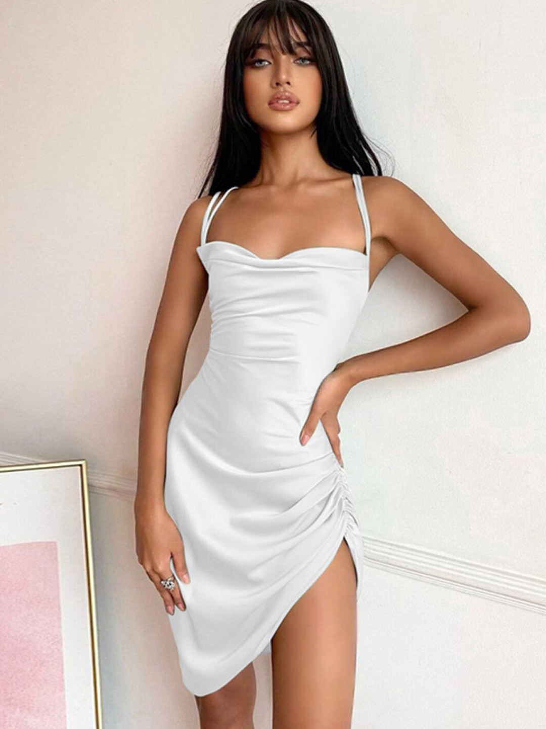 StyleCast White Shoulder Straps Ruched Sheath Dress