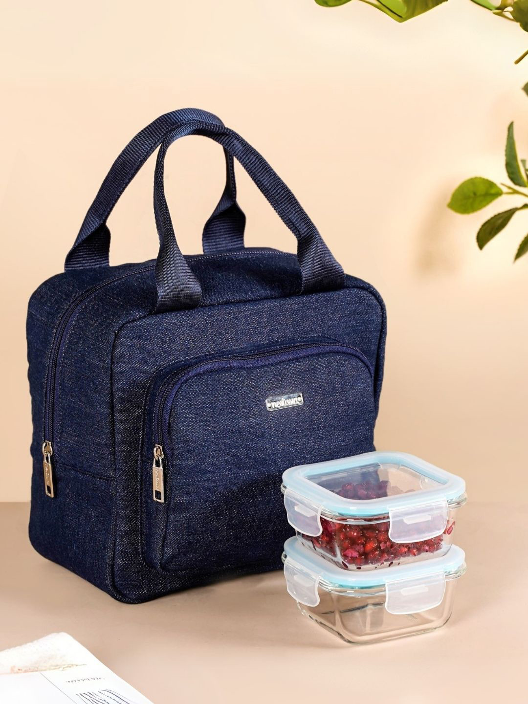 Nestasia Gourmet To Go Lunch Transparent & Blue 3 Pieces Glass Lunch Box With Lunch Bag