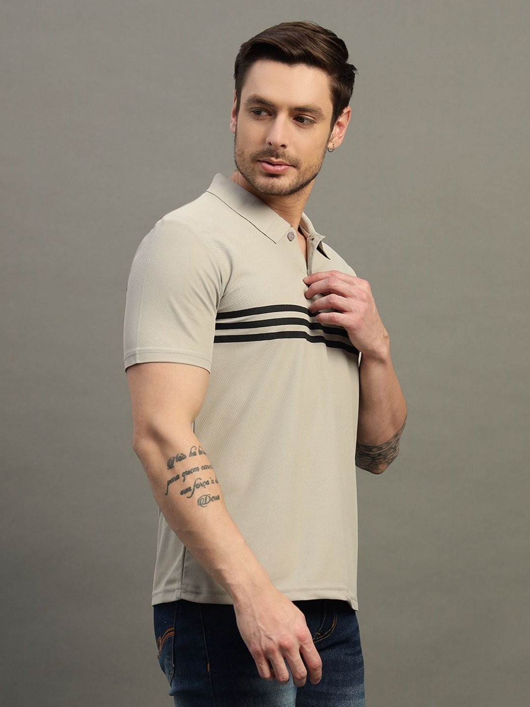 TIMBER HITCH Men Striped Polo Collar Cotton T-shirt