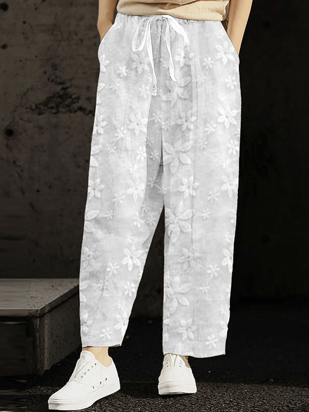 Routes by All About You Women Floral Embroidered Comfort Relaxed Fit Trousers