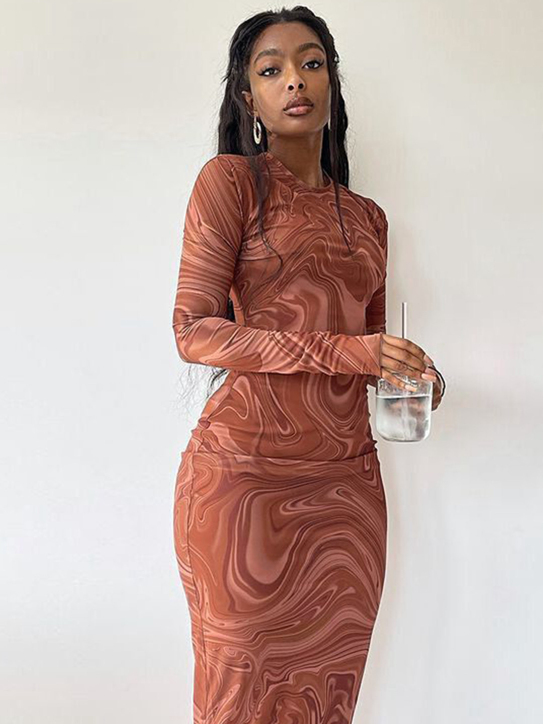 bebe Brown Marble Print Long Sleeve Bodycon Maxi Dress