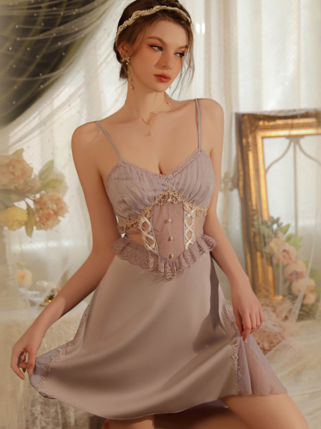 LULU & SKY Self Design Lace Detail Satin Slip Baby Doll