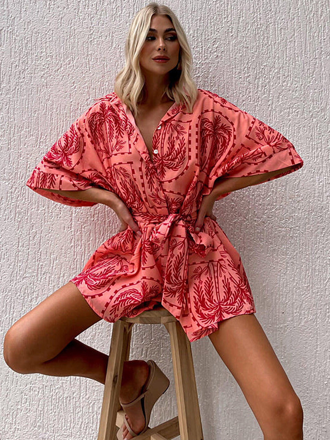 LULU & SKY Printed Boxy-Fit Tie-Up Waist Playsuit