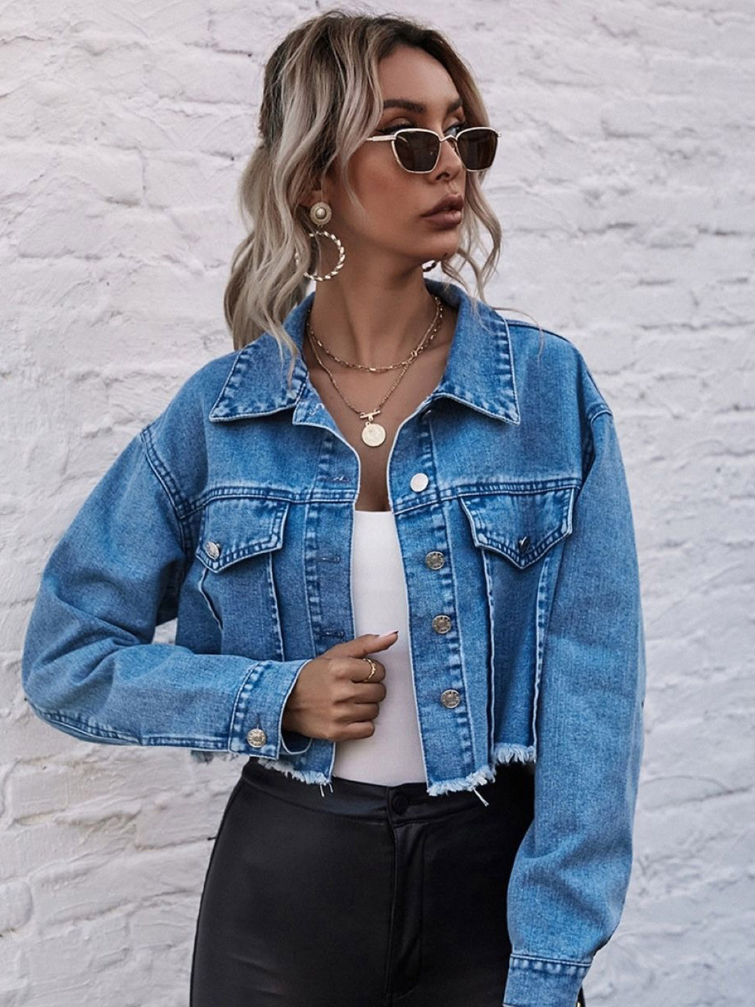 KPOP Women Solid Crop Denim Jacket