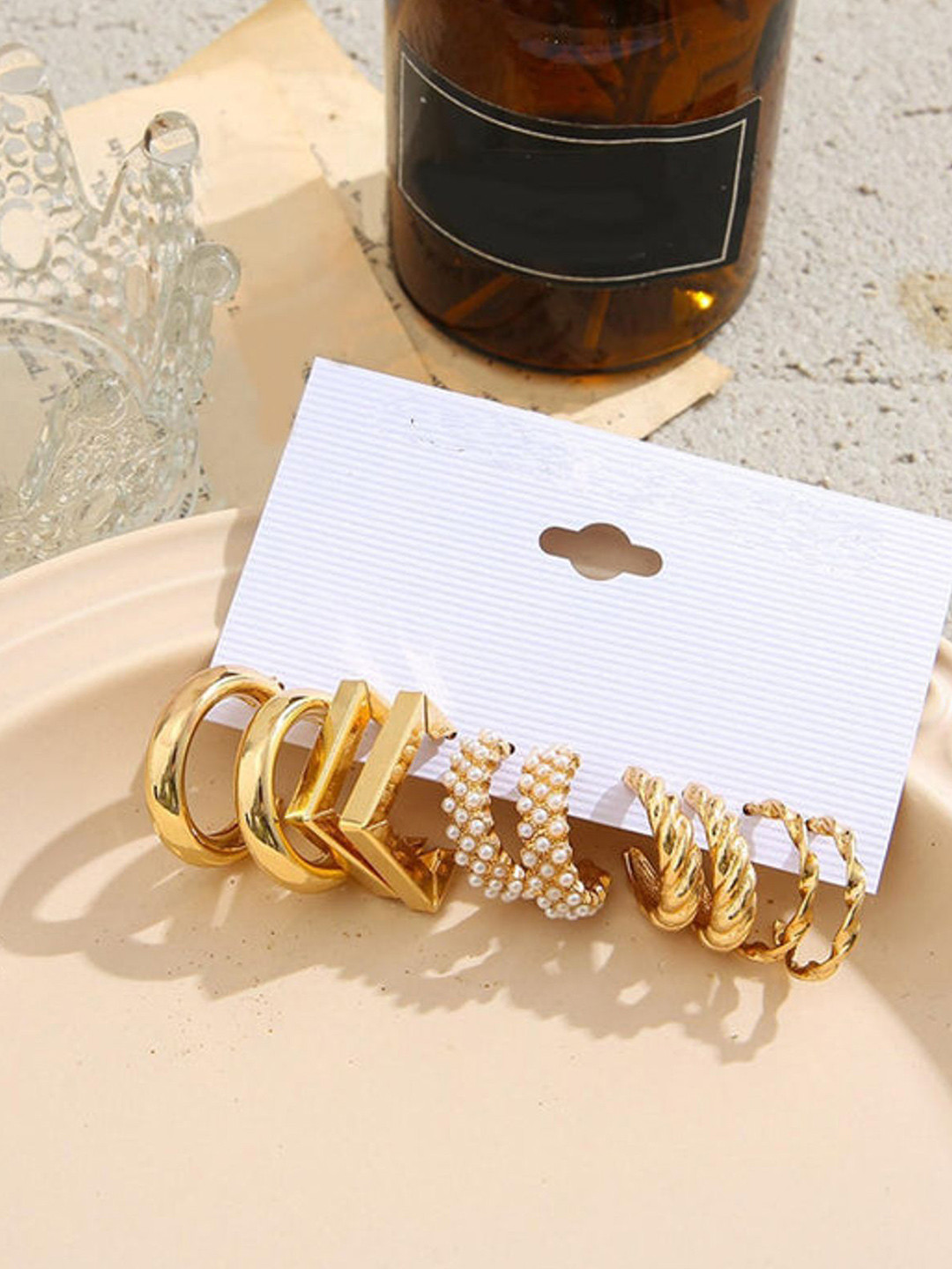 PolluxCraft Set Of 5 Gold Plated Pearls Beaded Contemporart Half hoop Earrings