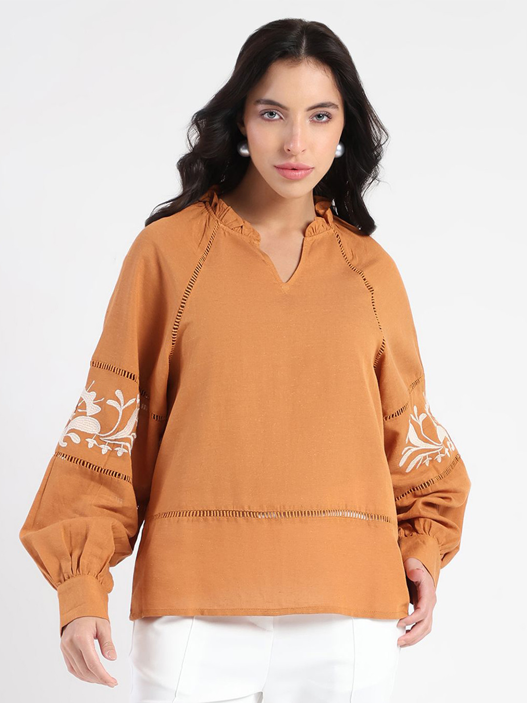 Madame Women V-Neck Mandarin Collar Cuffed Sleeves Cotton Top