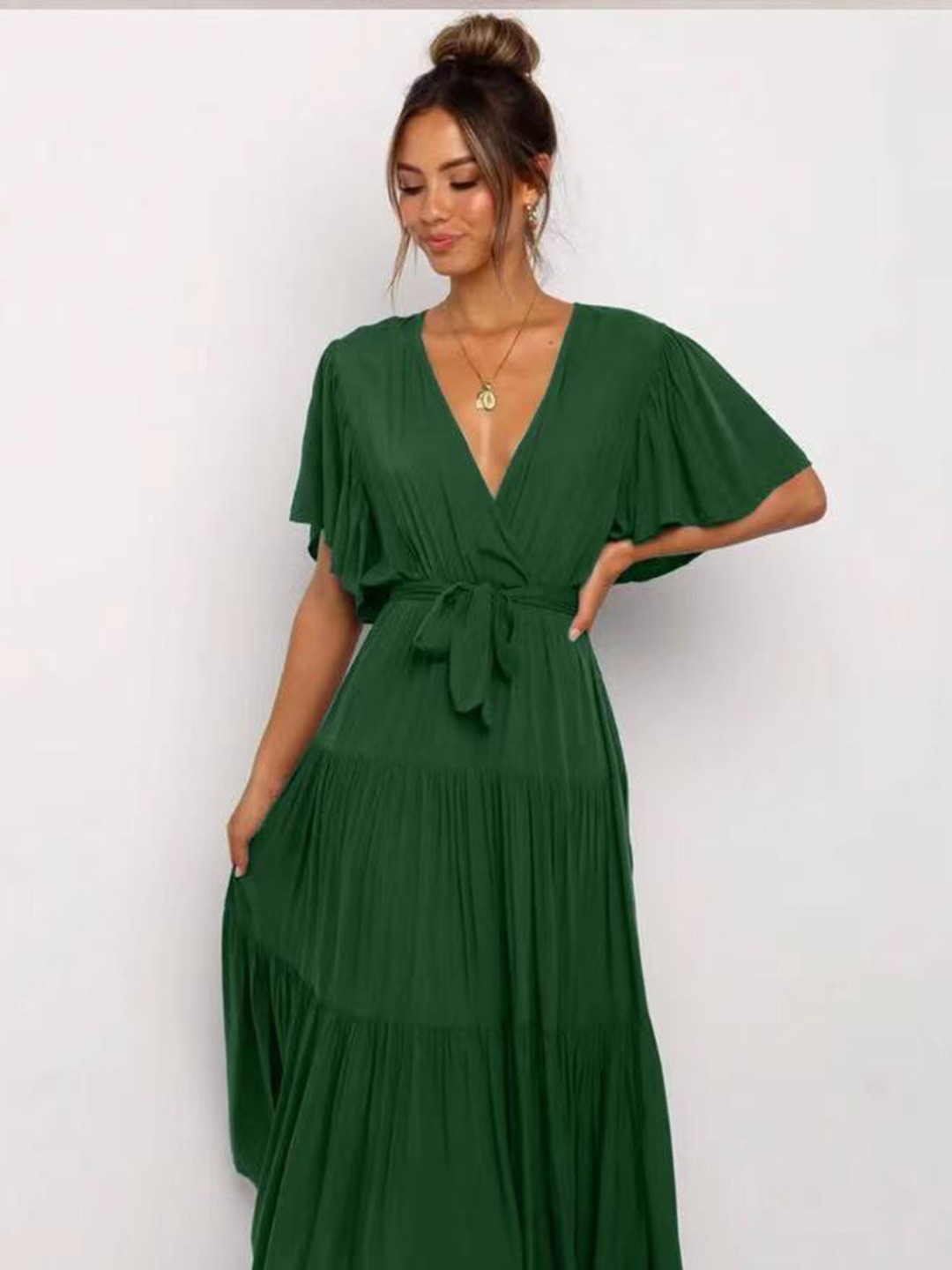 StyleCast Green Tie-Up Flutter Sleeve Midi Dress