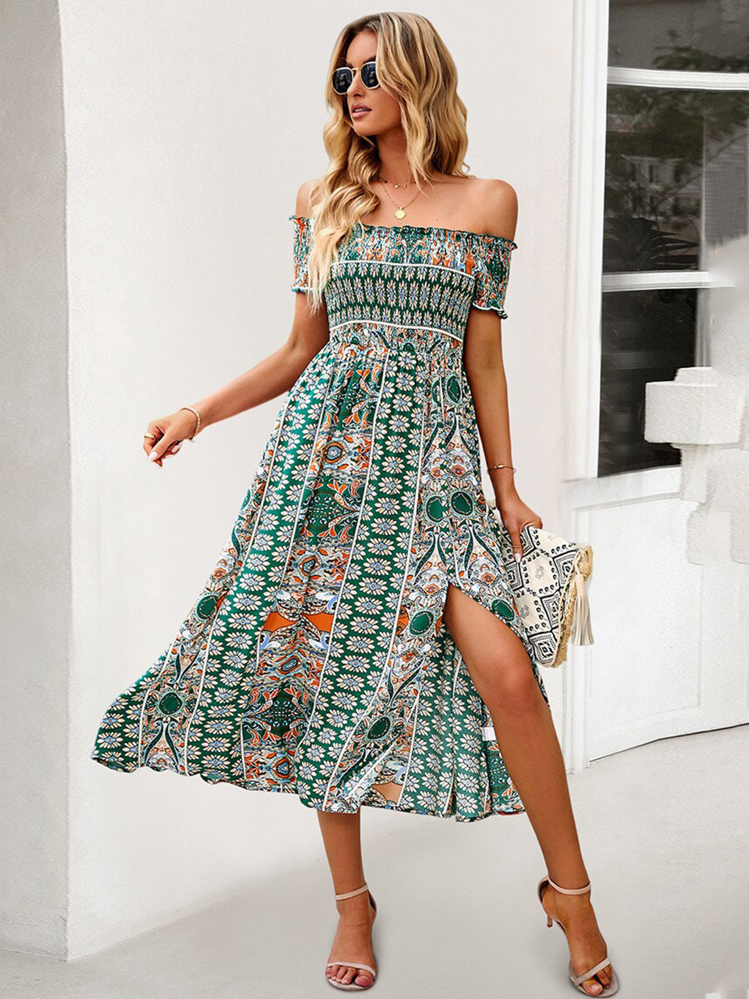 StyleCast Green & White Floral Printed Smocked Detailed Off-Shoulder A-Line Dress