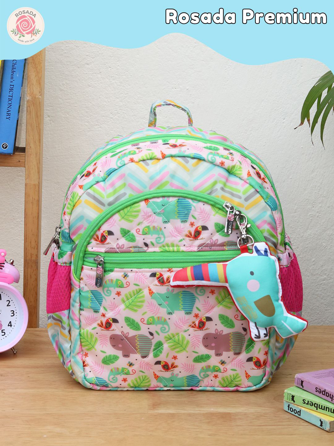 ROSADA Kids Pink Hippo Printed Lightweight Waterproof School Bag Backpack 14inch