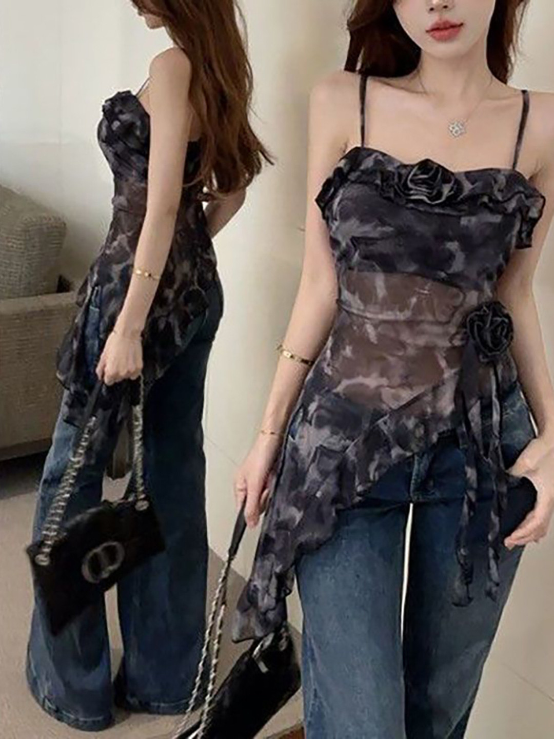 StyleCast x Revolte Printed Sheer Asymmetric Hem Top