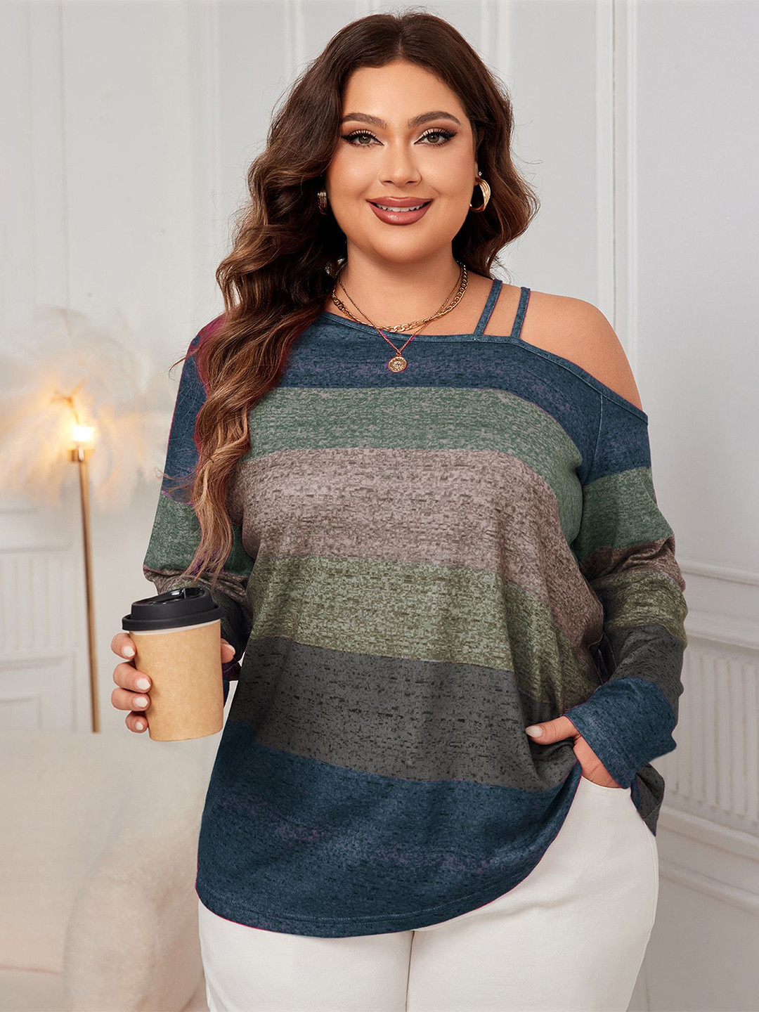 StyleCast Curve One Shoulder Striped Casual Top