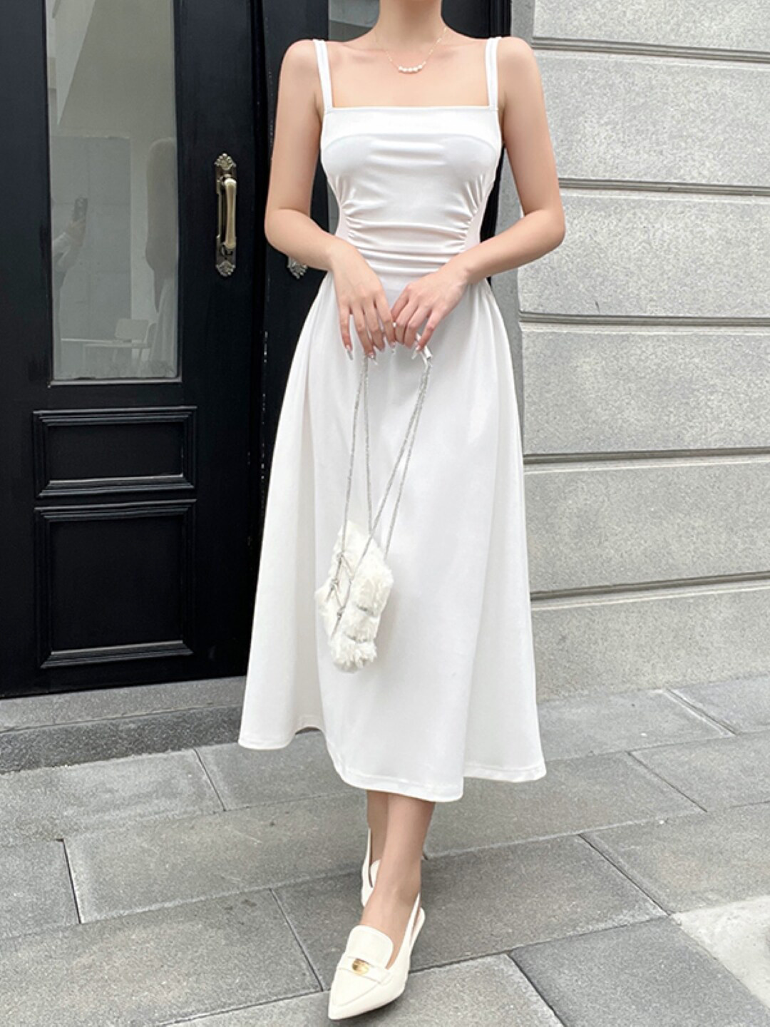 StyleCast White Square Neck A-Line Midi Dress
