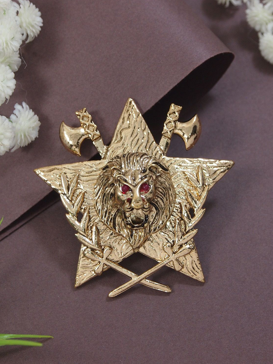 ADORN Men Gold-Toned Magestic Roar Lion Face  Brooch