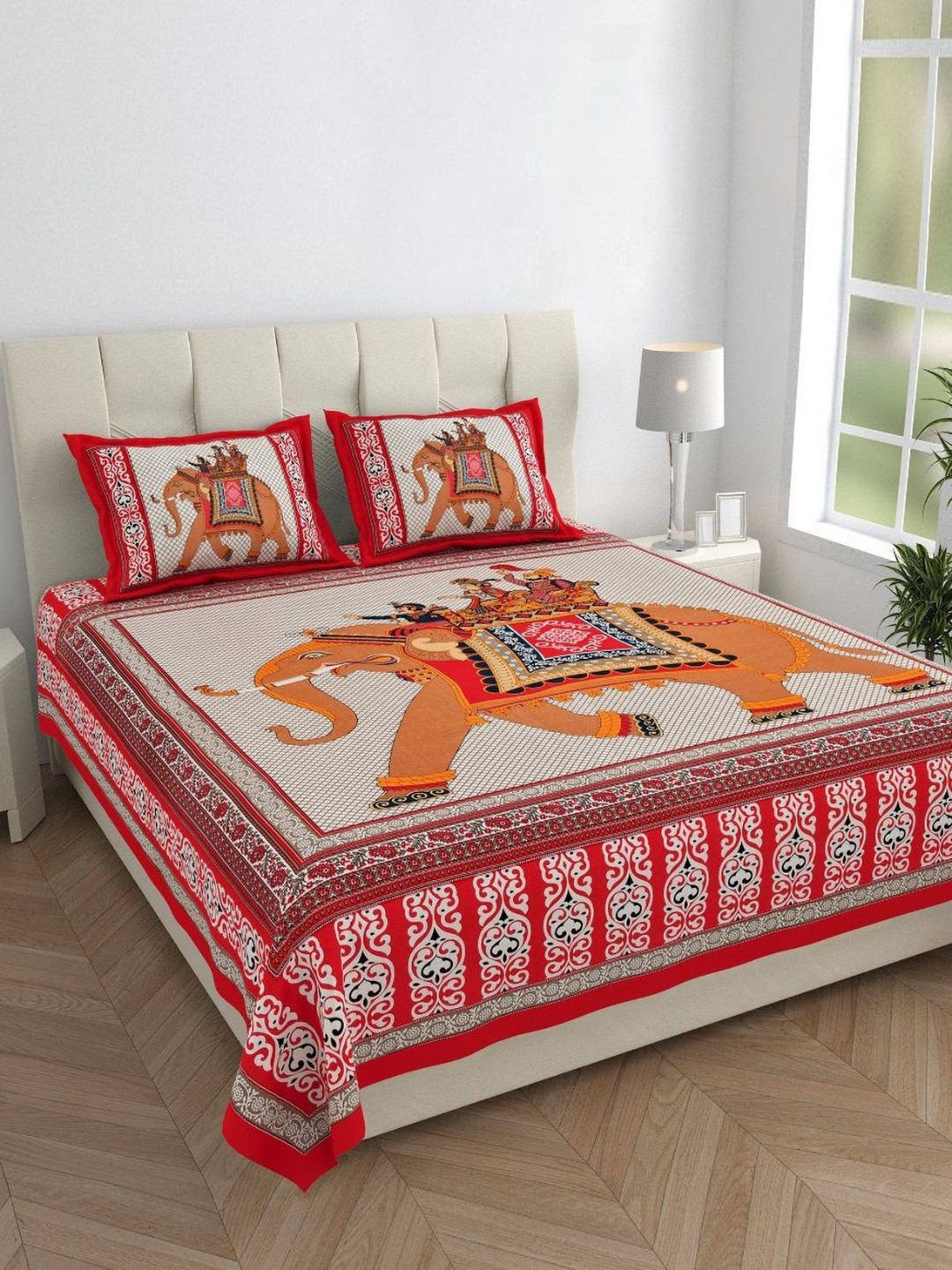 Monik Handicrafts Red Ethnic Motifs Cotton 144 TC King Bedsheet with 2 Pillow Covers-228 x 262 cm