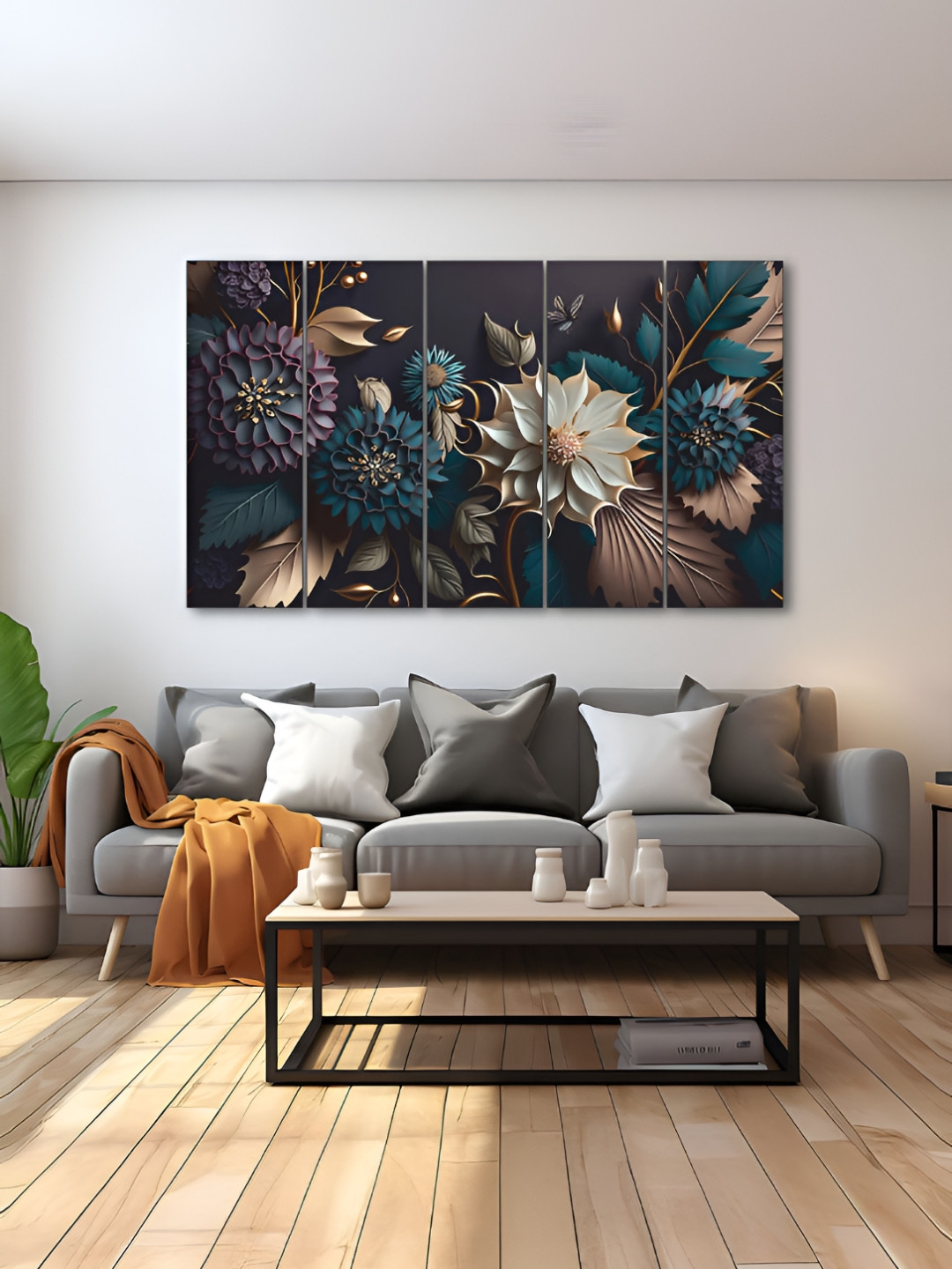 The Castle Decor Black & Pink 5 Piece Wood Floral and Botanical Wall Paintings